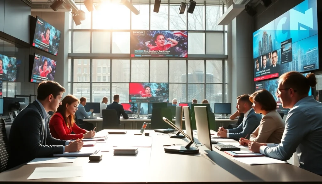 Journalists collaborating in a bright newsroom at https://www.thedailynewsonline.com.