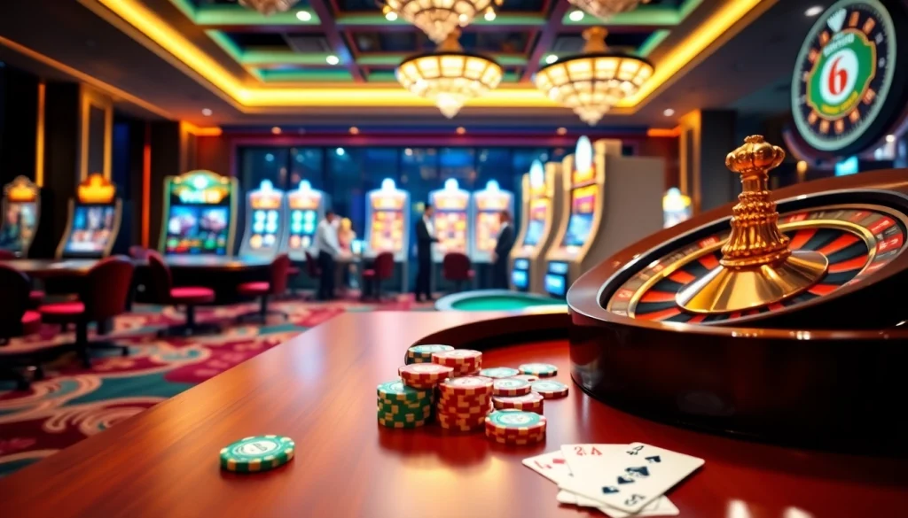 Experience the thrill of dom88.us.com at a luxurious casino featuring elegant tables and vibrant slot machines.