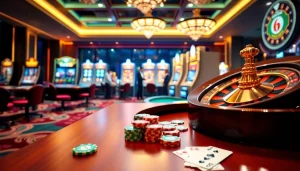 Experience the thrill of dom88.us.com at a luxurious casino featuring elegant tables and vibrant slot machines.