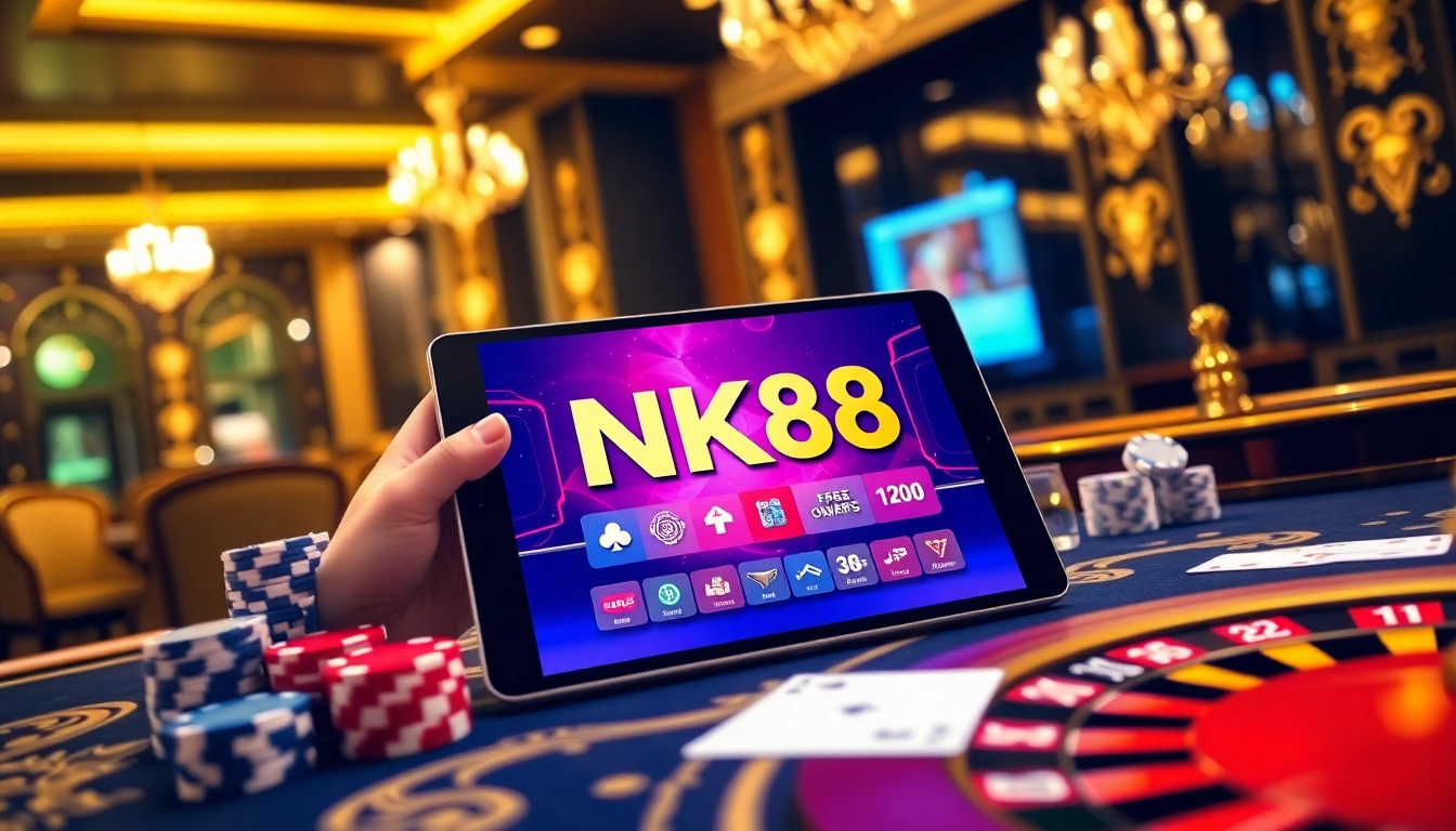 Players engaging with the NK88 app on a luxurious casino table, showcasing excitement in gambling.