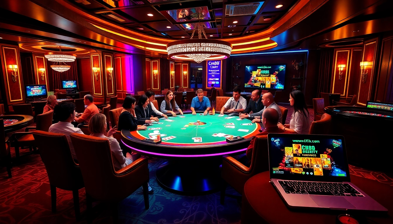 Engaging poker players at a bustling casino table featuring CM88 online gambling elements.