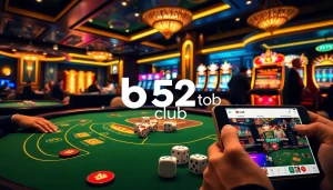 B52 club featuring a luxurious casino scene with vibrant games, tables, and betting activities.
