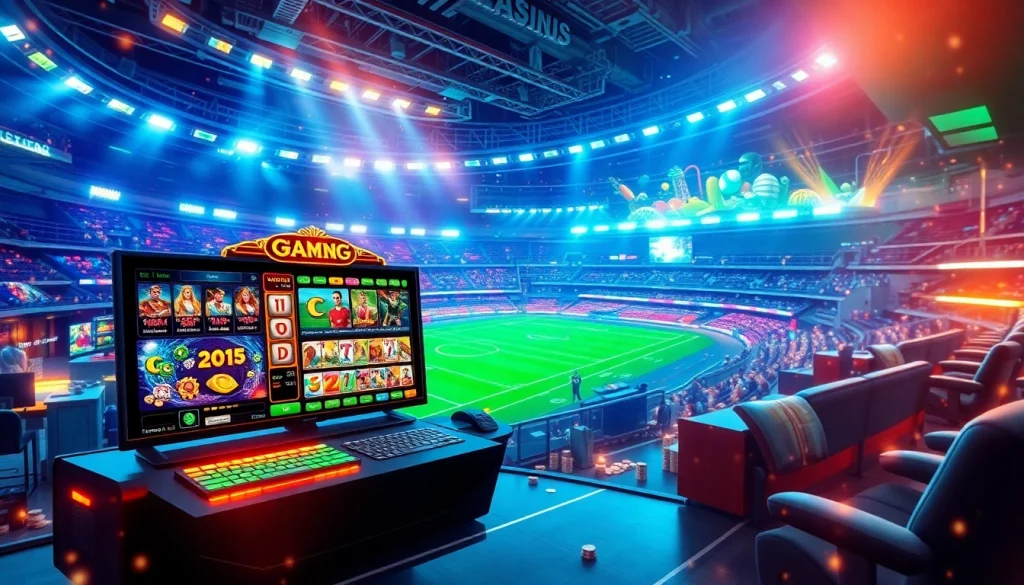 Experience the thrill of online gaming at https://jun88pl.com/ with vibrant visuals of sports betting, casino games, and innovative design elements.