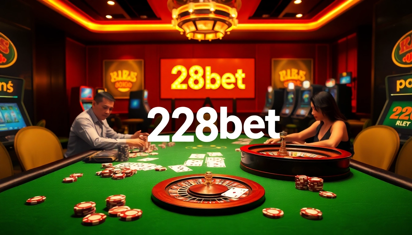 Exciting gaming action at nhà cái 28bet's professional casino setup with vibrant slot machines and poker tables.
