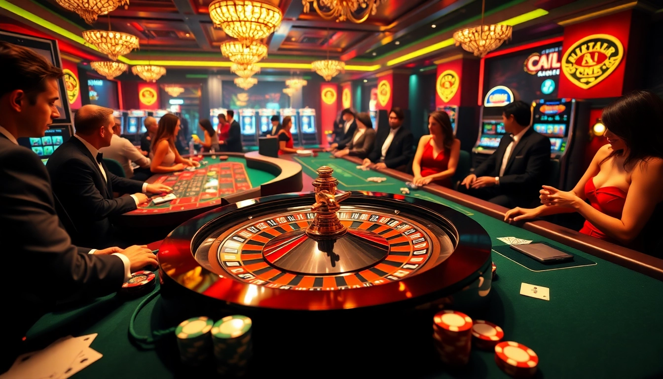 Scène de casino en ligne excitante avec une roue de roulette et des joueurs aux tables de jeu.