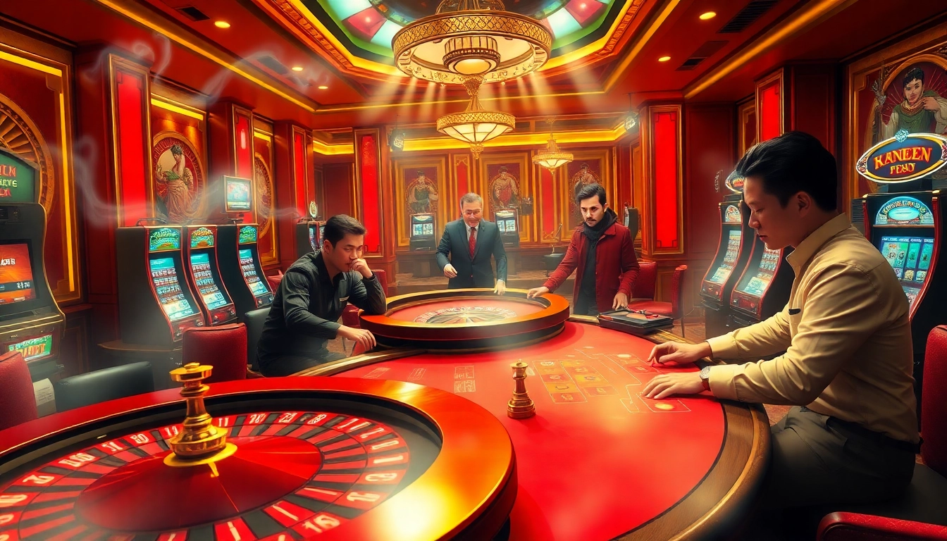 Truyện ma kinh dị-themed casino scene with players enjoying poker and roulette games under warm lighting.