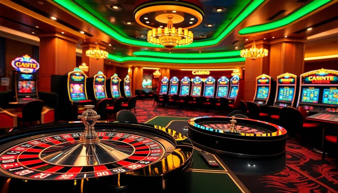 Une scène engageante de casino en ligne avec des joueurs interagissant avec la roulette et des machines à sous dans une atmosphère vibrante.