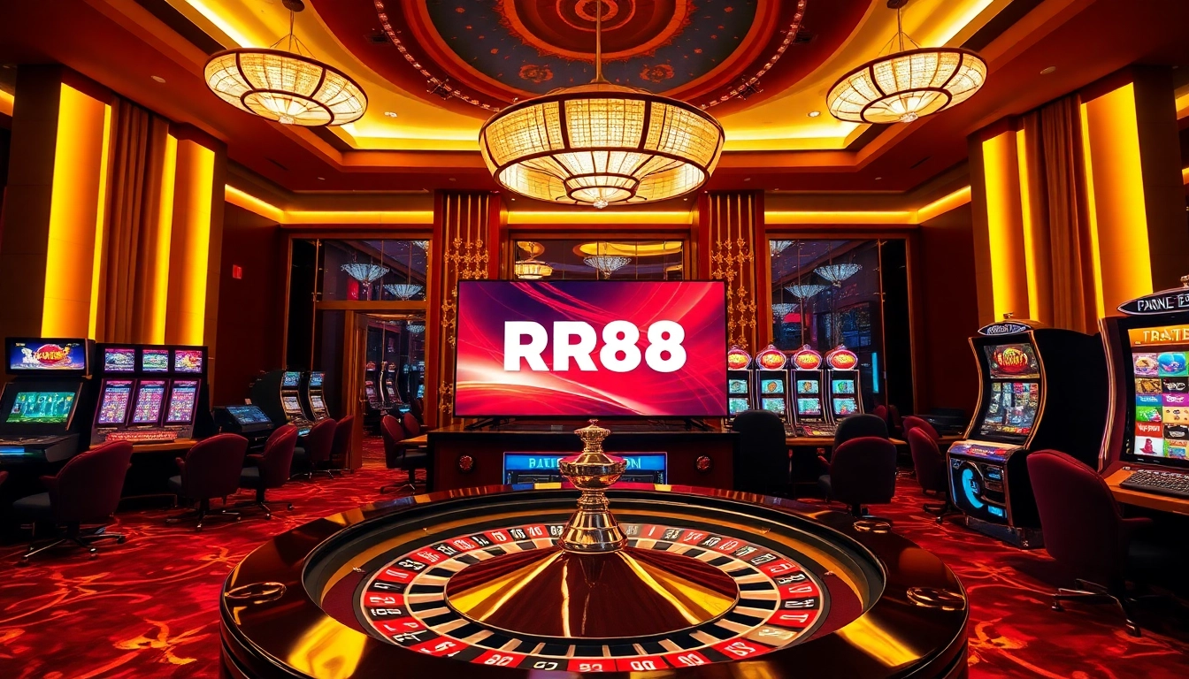 Engaged players enjoying a captivating game at RR88 casino, showcasing vibrant slot machines and roulette wheel.