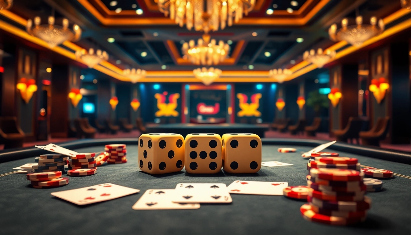 Tài Xỉu MD5 game with vibrant dice and betting chips, showcasing exciting gambling at https://taixiumd5.fan/.