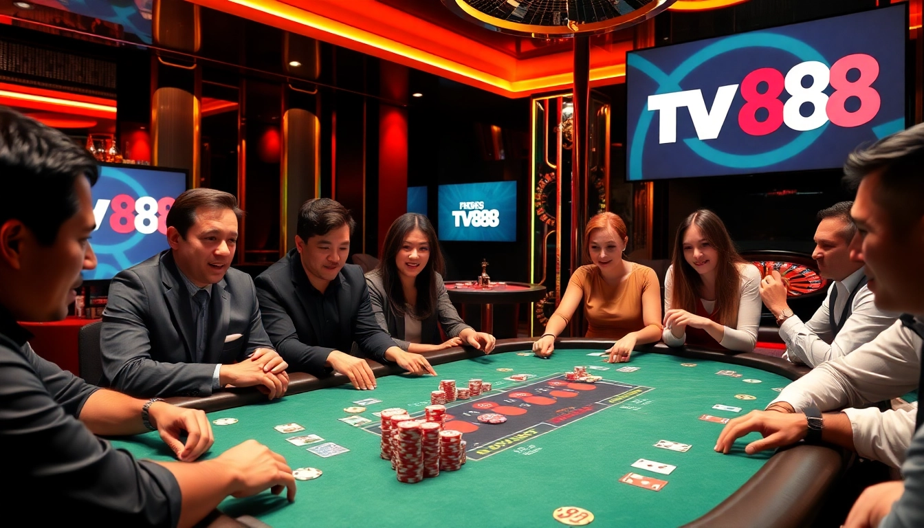 Engaged players at a luxurious poker table in the casino showcasing TV88 branding, highlighting high-stakes excitement.