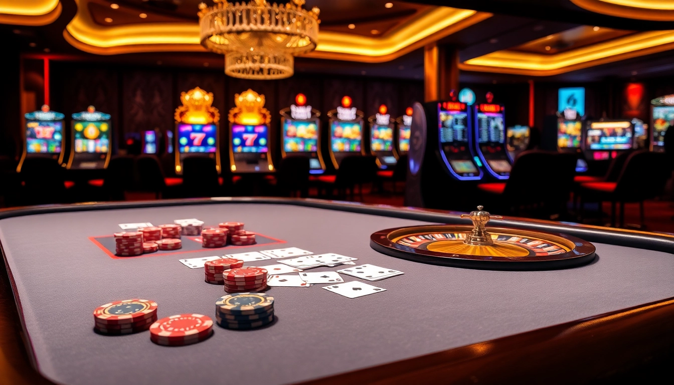 Engaging kp88 trang chủ casino scene with poker chips, cards, and a spinning roulette wheel.