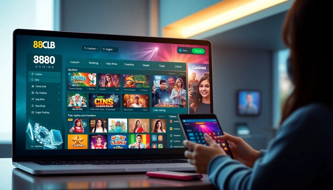 Interactive online gaming interface of 88clb showcasing casino and sports betting options.