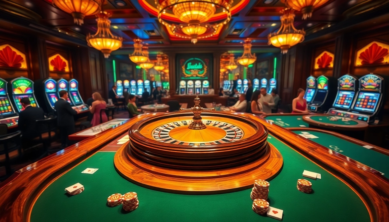 Atmosphère de casino en ligne excitante avec roulette et machines à sous vibrantes.