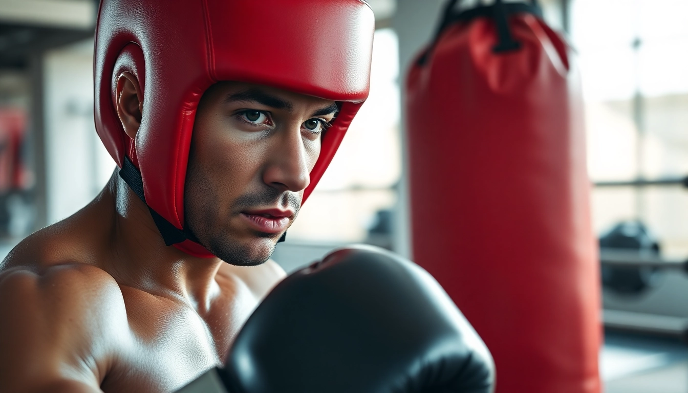 Training boxer wears headgear boxing, showcasing focus and dedication in the gym.