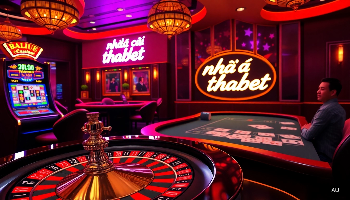 Experience the thrill of gambling at nhà cái thabet with vibrant casino visuals featuring roulette and slots.