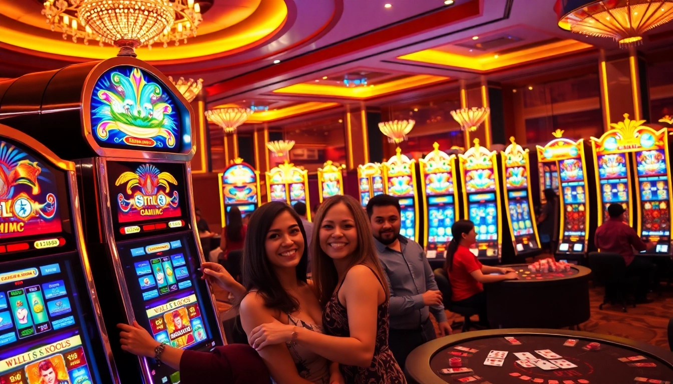 Excited players engaging with pragmatic slot machines in a luxurious casino setting.