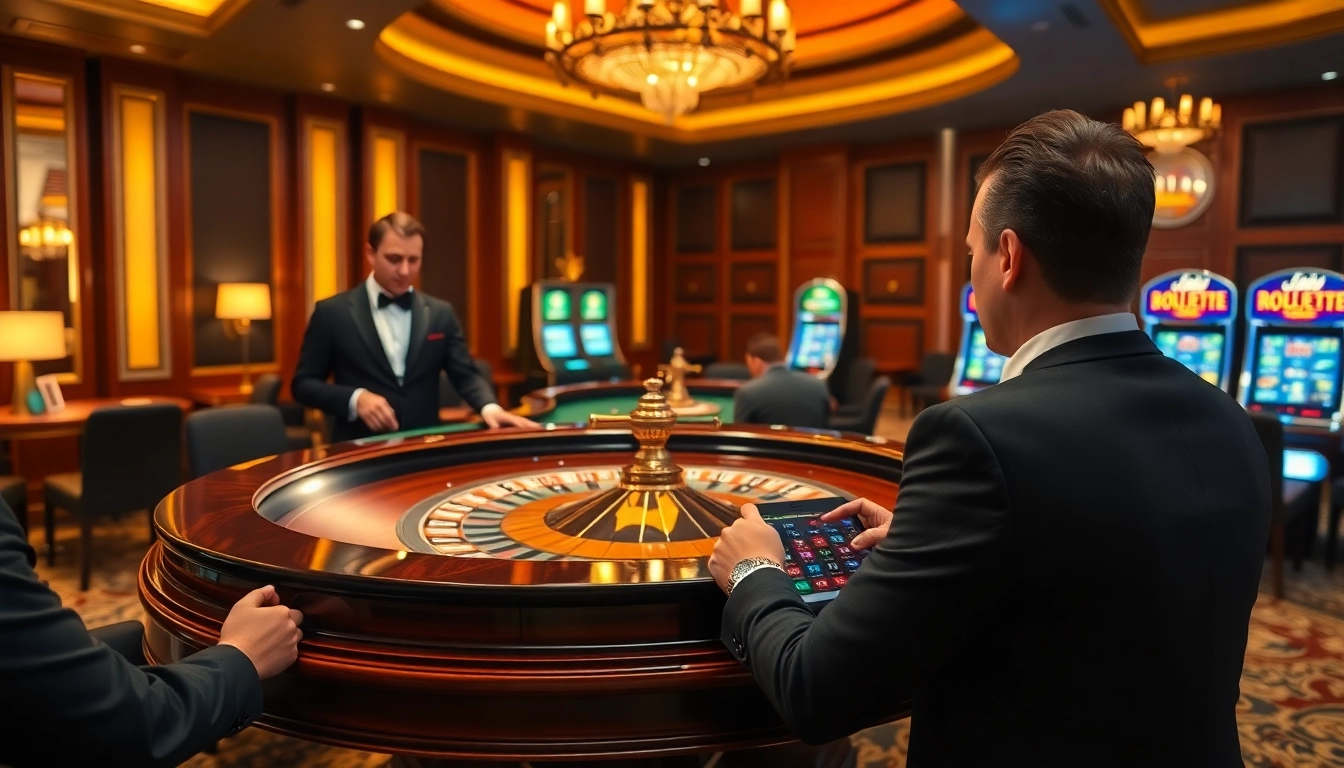 Découvrez l'excitation du casino en ligne avec une élégante table de roulette et des éléments de jeu classiques.