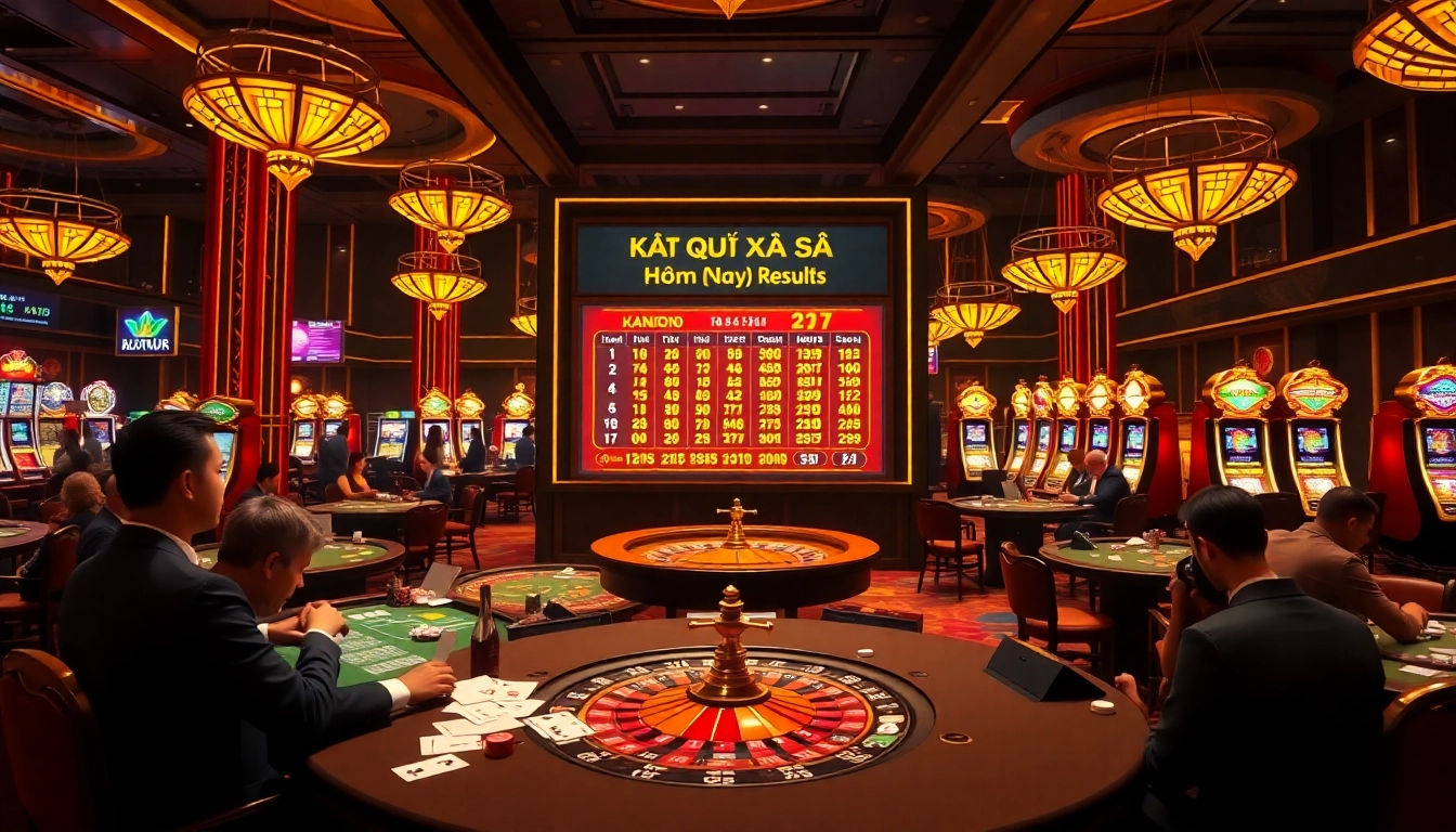 Kết quả xổ số hôm nay displayed at a vibrant casino with players celebrating winning moments.