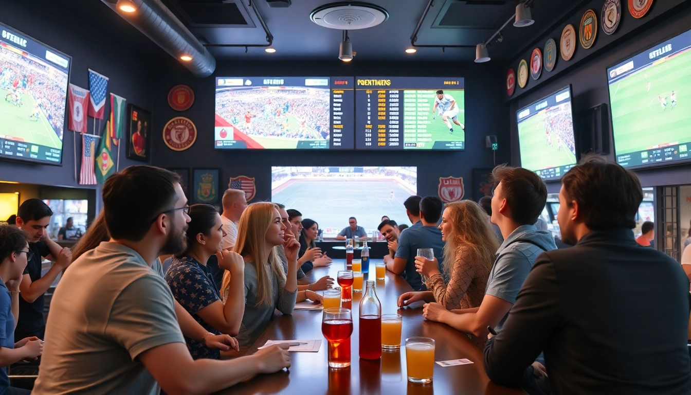 Exciting live betting scene at a sports bar featuring real-time odds from https://keonhacai.gold/ with enthusiastic fans and vibrant atmosphere.