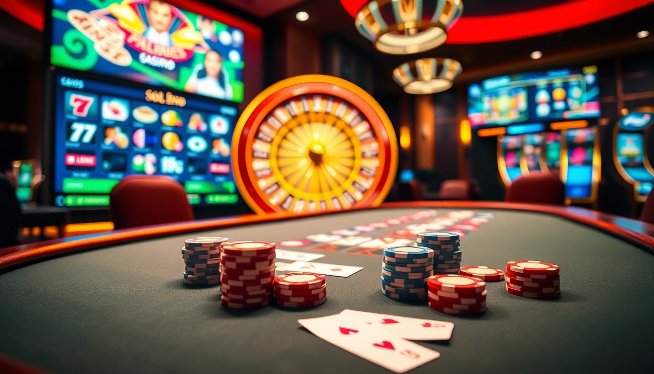 Scène de poker et de roulette captivante dans un casino en ligne mettant en avant une expérience de jeu de luxe.
