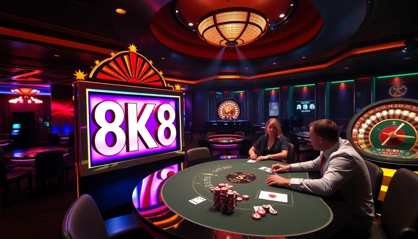 8K8 casino slot machine amidst players enjoying poker and roulette games in a vibrant atmosphere.