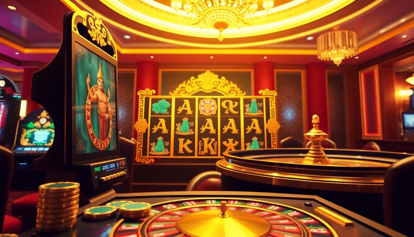 Mainkan permainan seru di slot server Thailand dengan warna-warna cerah dan suasana kasino mewah.