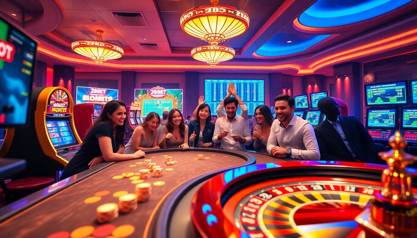28BET players celebrating wins at a vibrant casino table with colorful chips and live betting screens.