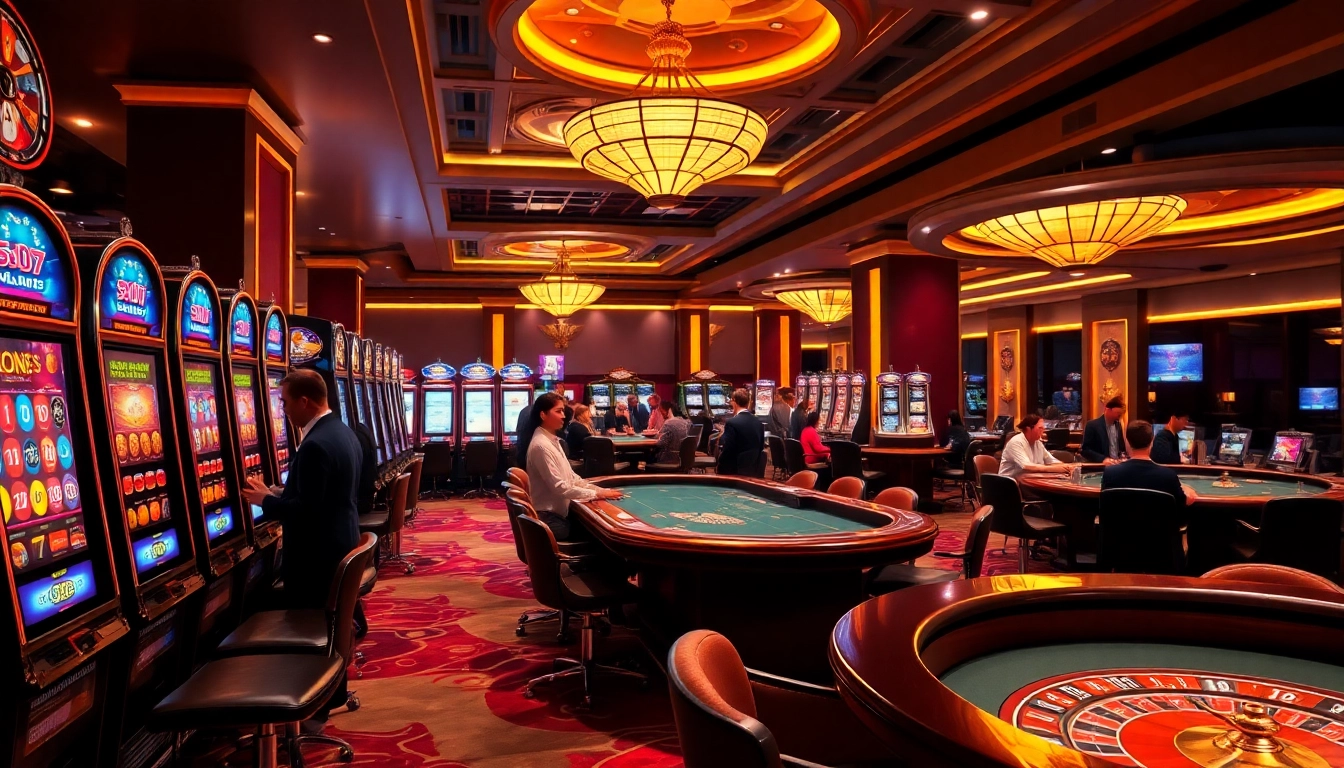 Experience excitement at nhà cái thabet with players enjoying poker and slot machines in a luxurious casino setting.