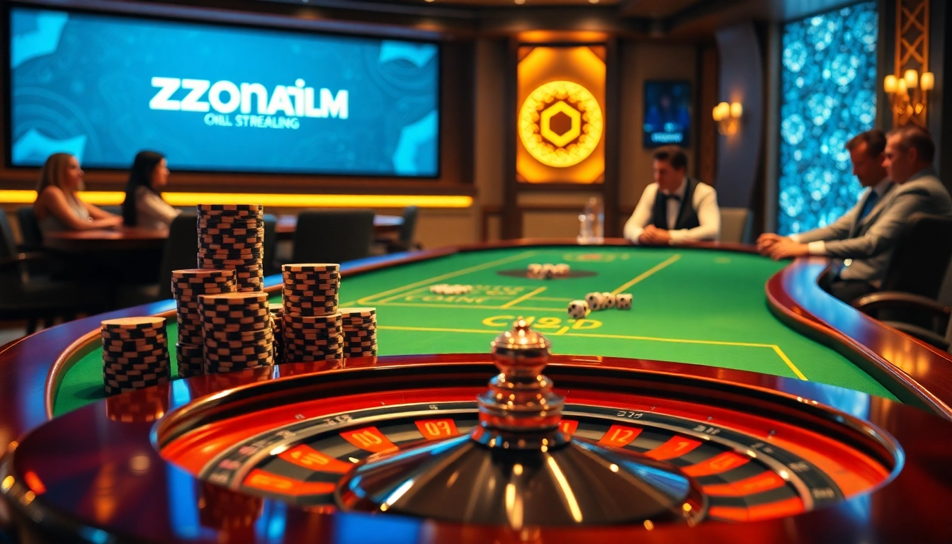 Zonafilm-inspired casino scene featuring a poker table, chips, and roulette for exciting gameplay.