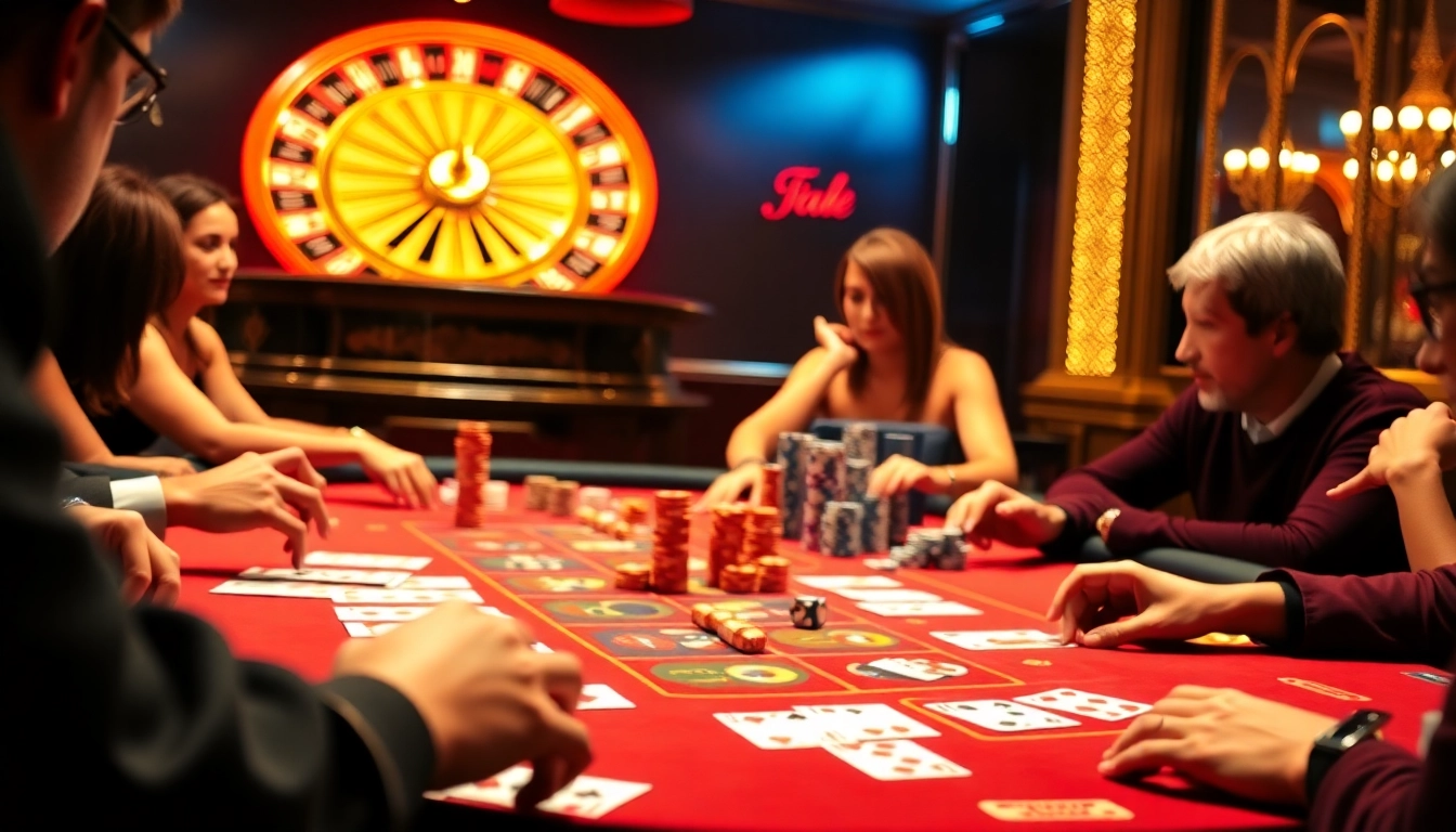 Découvrez l'excitation d'un casino en ligne avec des joueurs autour d'une table de poker animée, entourée de jetons colorés.