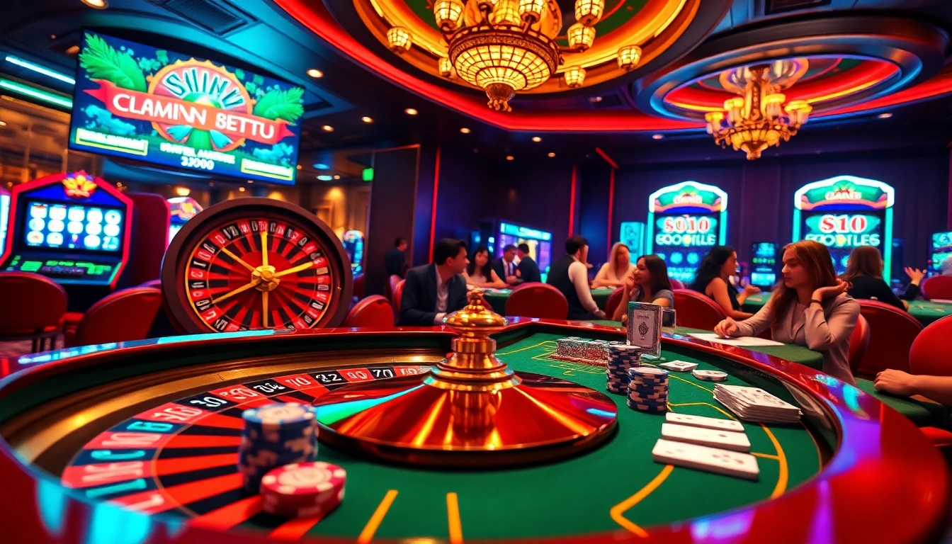 Scène vibrante de casino en ligne avec des jetons de poker, des cartes et une roue de la roulette mettant en avant l'excitation.