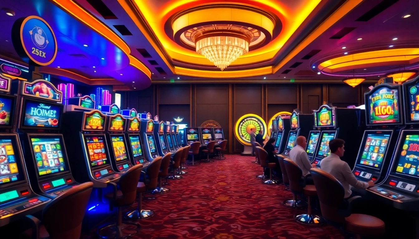 Players enjoying vibrant slot machines in a luxurious casino atmosphere.