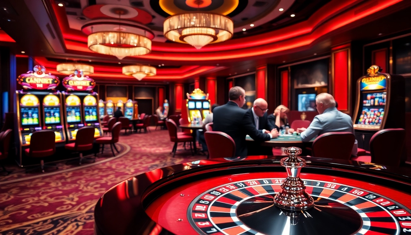 Découvrez l'excitation du casino en ligne avec des joueurs à une table de poker vibrante dans un cadre luxueux.