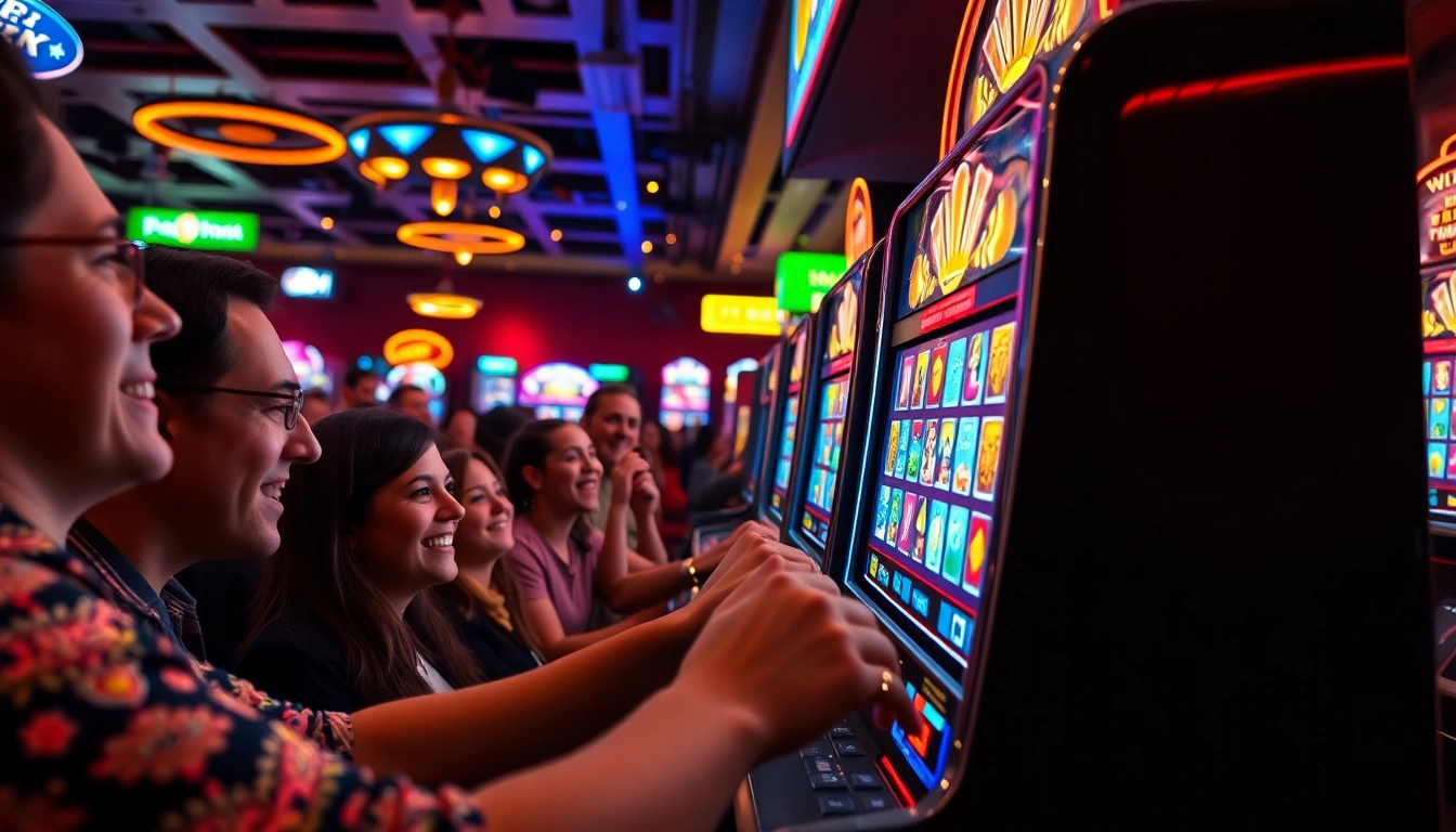 Slot demo terbaru dengan mesin slot cerah dan pemain bersemangat di kasino.