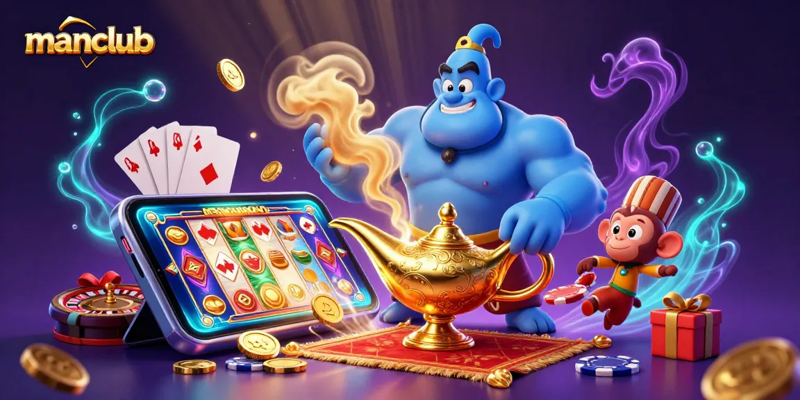 Engage in thrilling slots action with manclub, as a genie, monkey, and magic carpet surround exciting casino elements.