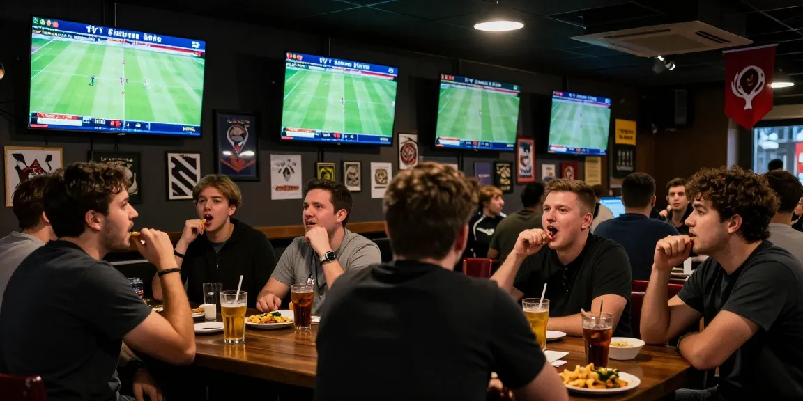 Excited bettors analyzing tỷ lệ kèo at a lively sports bar during live football matches.