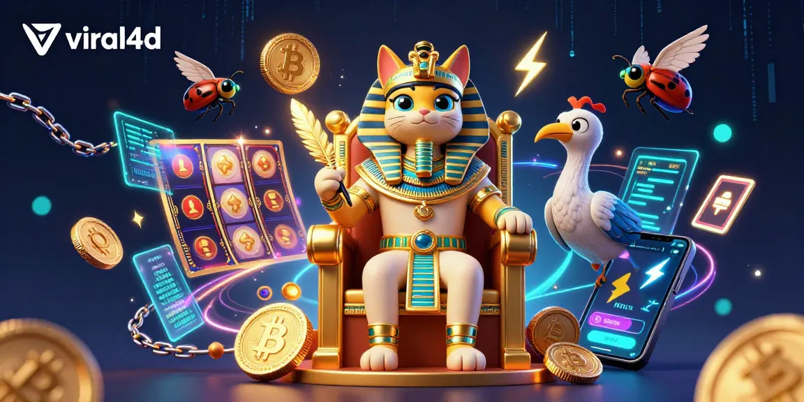 Engage with viral4d in this vibrant 3D illustration of an Egyptian pharaoh cat surrounded by glowing casino elements.
