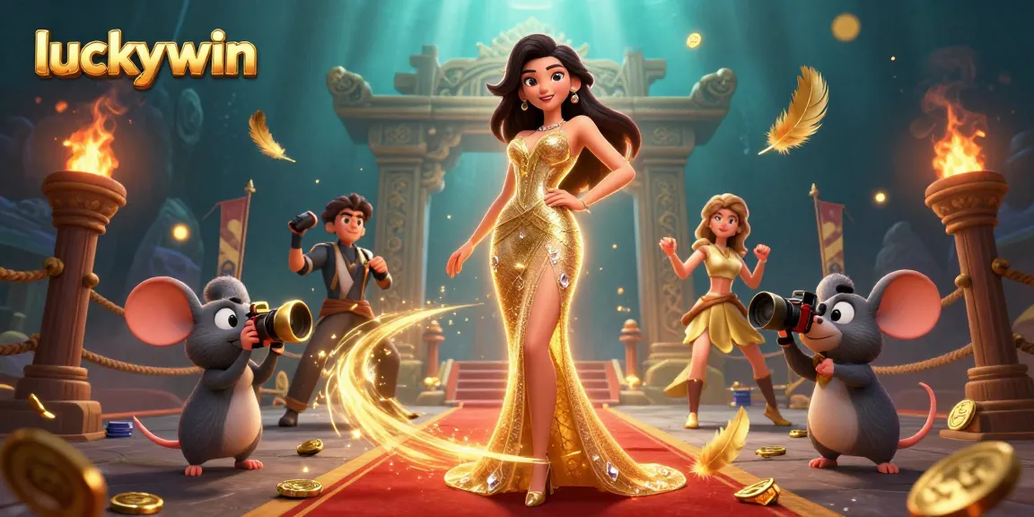 Experience luckywin's vibrant casino action with a glamorous woman and charming paparazzi in dazzling 3D.
