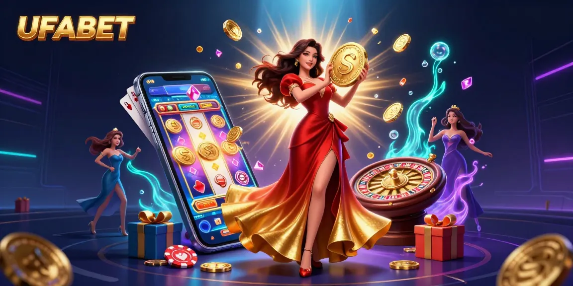 Experience the excitement at UFABET with a stunning illustration featuring a beautiful Asian woman and dynamic gaming elements.