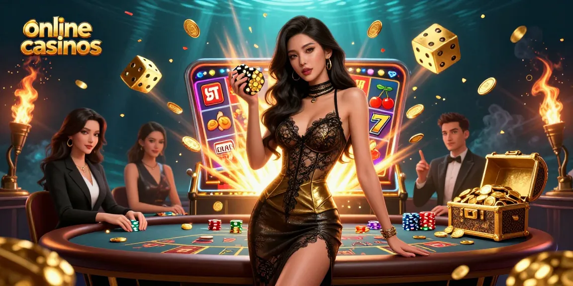 Win big at online casinos with a glamorous baccarat experience featuring golden chips and slot machines.