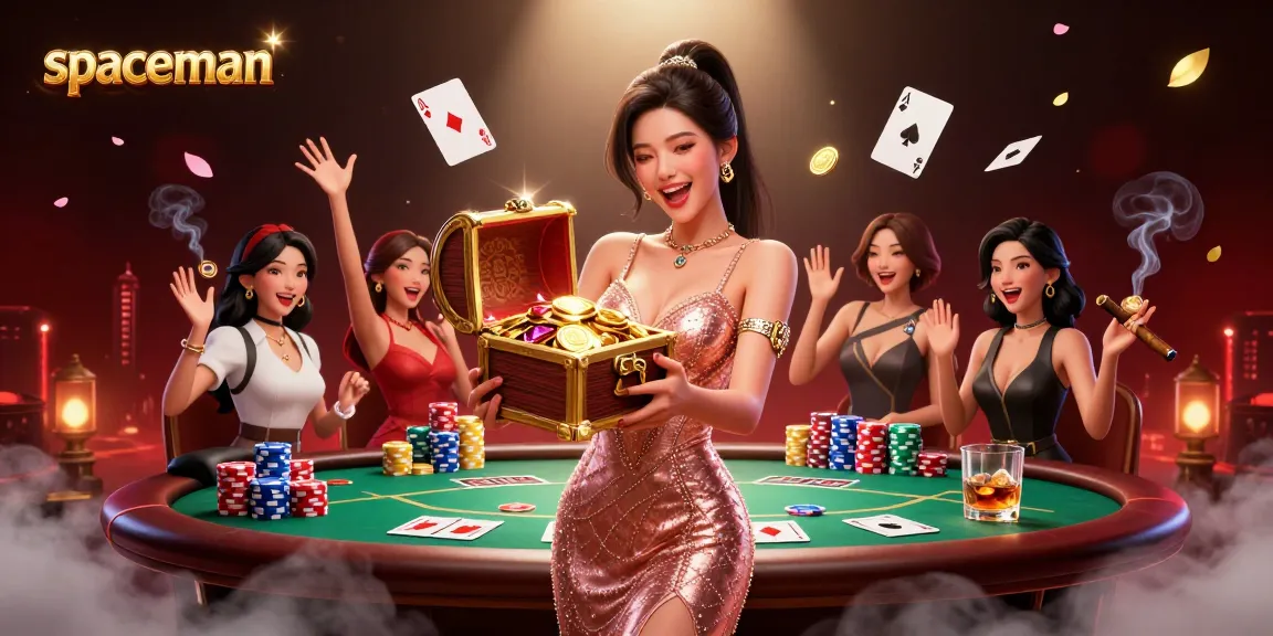 Spaceman-themed poker scene showcasing a joyful Asian woman revealing treasures and excitement of winning coins.