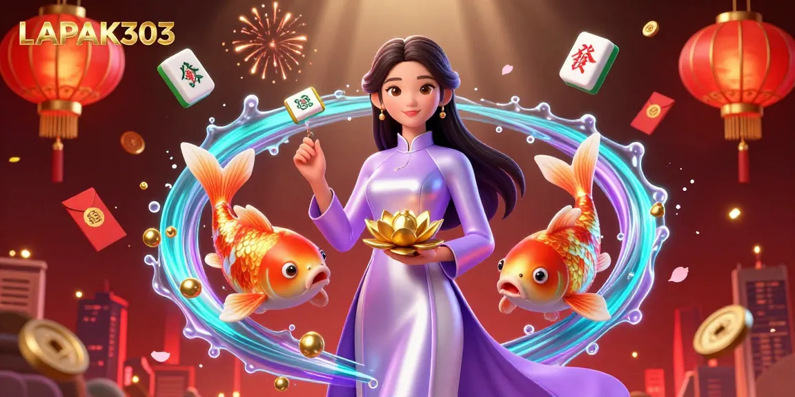 LAPAK303 showcases a vibrant casino scene with an elegant character and dynamic gaming elements.