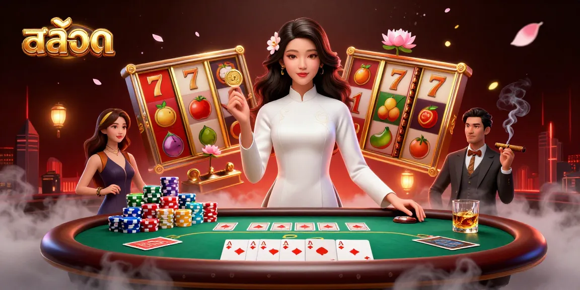 Experience สล็อต excitement with dynamic slot symbols and characters in a vibrant casino scene.