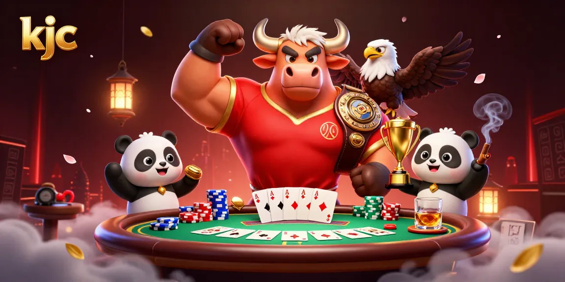 KJC poker victory scene featuring a bull mascot, an eagle, and a panda celebrating with chips and cards.