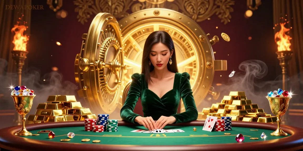Play poker at DEWAPOKER with stunning visuals showcasing an elegant player at a luxurious table.