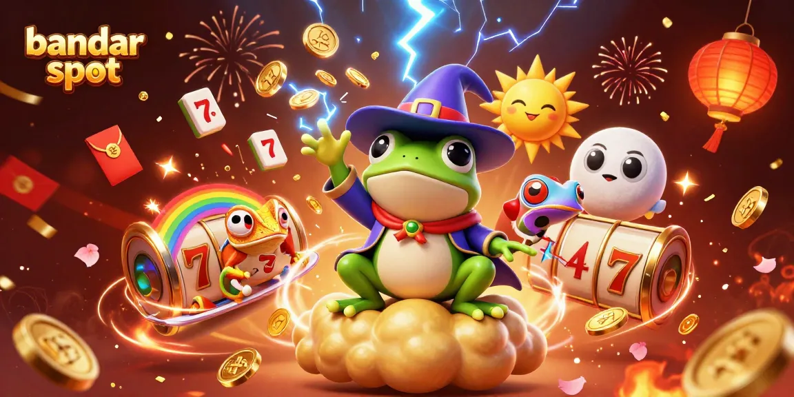 Engage with bandar slot excitement as a wizard frog conjures a coin storm amidst vibrant casino elements.
