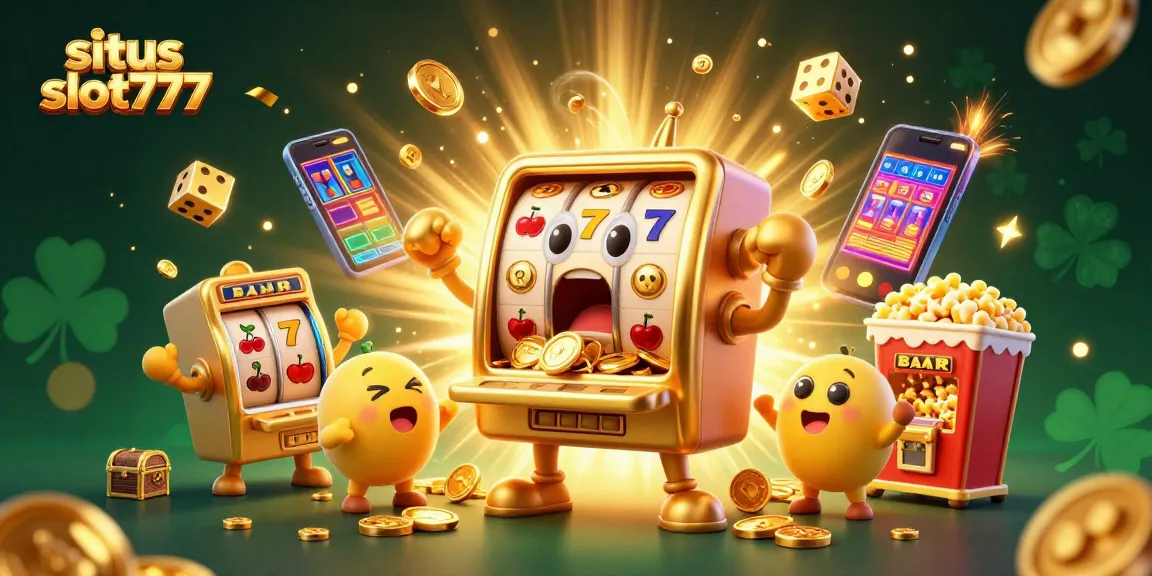 Experience the excitement of winning with situs slot777 as cartoon slot machines hit jackpots in a vibrant casino scene.