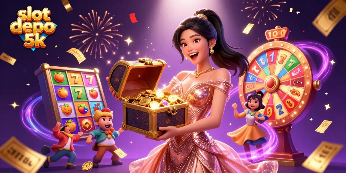 Engaging illustration showcasing the thrill of slot depo 5k with vibrant slot elements, treasures, and joyful characters.