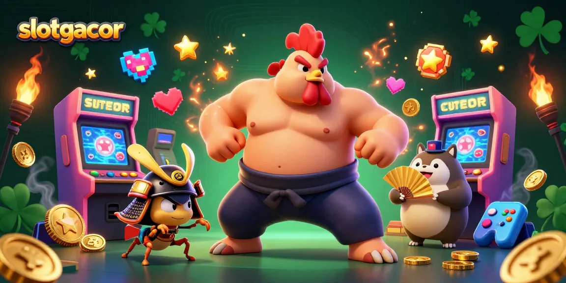 Win big with slotgacor as a sumo wrestler rooster and samurai cricket battle in a vibrant casino scene.