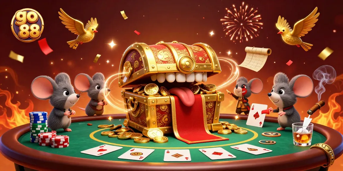 Experience thrilling gameplay with go 88 as adventurer mice chase riches from a treasure chest amidst vibrant casino elements.